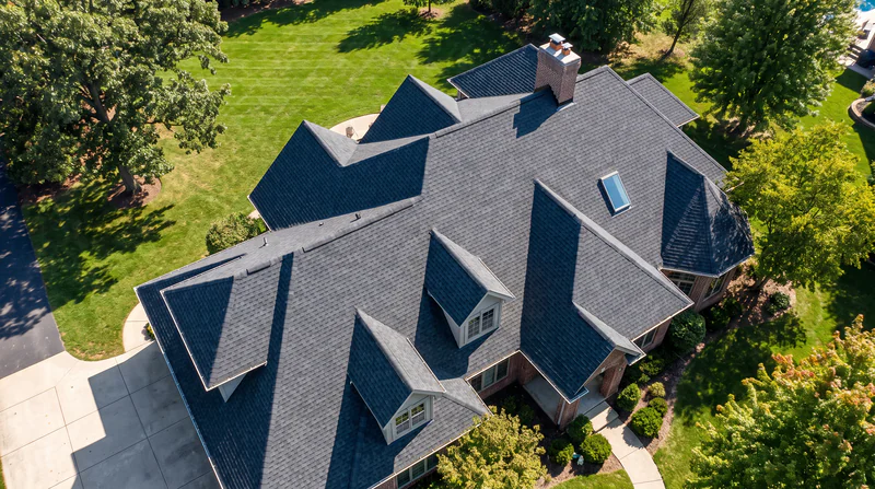 Aerial view of a home with a complex cut up roofline of many hips, valleys and dormers