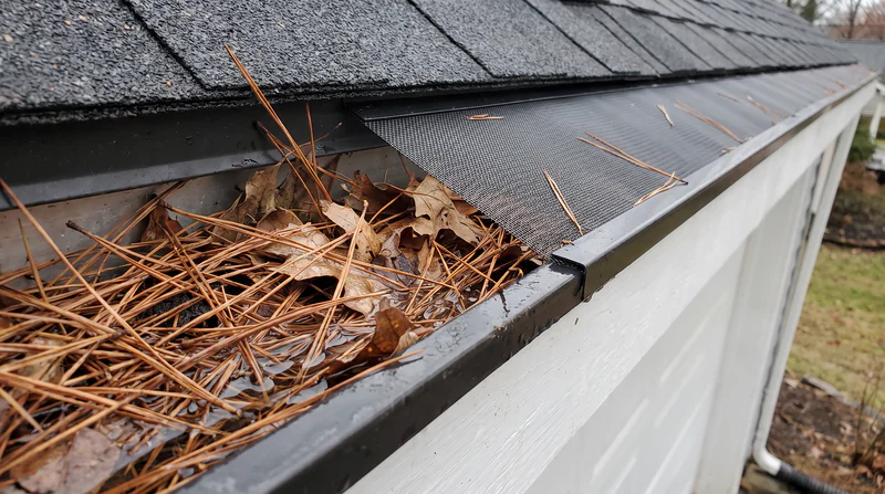 Gutter packed with pine needles next to a section protected by micro mesh gutter guard