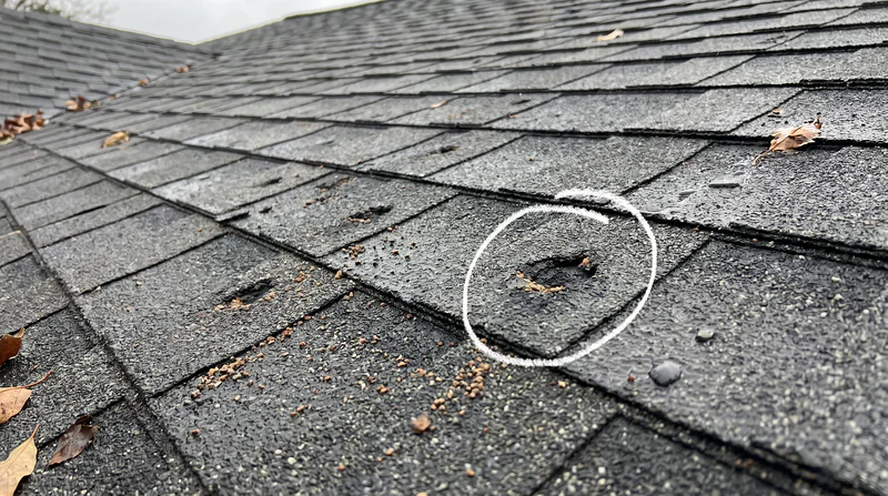 Close up of hail impact marks on an asphalt shingle roof with granules knocked away