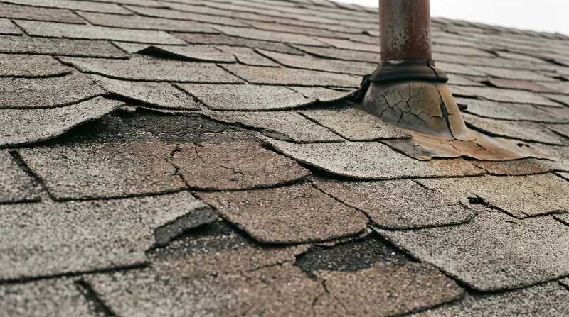 Worn out asphalt shingles curling at the corners with heavy granule loss