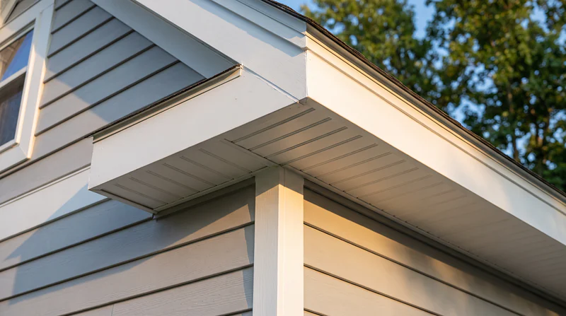 Clean white fascia and vented soffit at a roof eave after exterior trim work