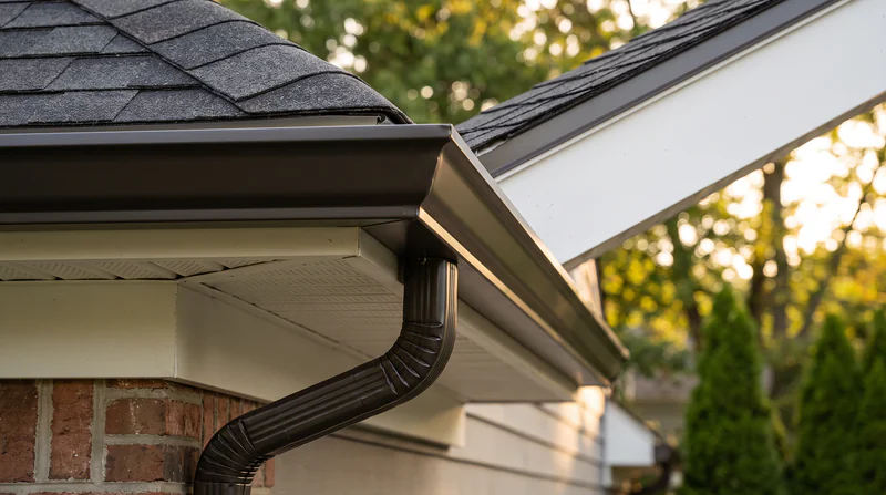 New seamless aluminum gutter and downspout installed along a roof edge with clean fascia and soffit