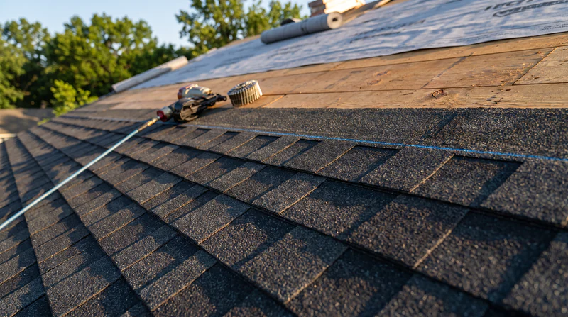 Architectural asphalt shingles going down over synthetic underlayment during a GSP roof replacement